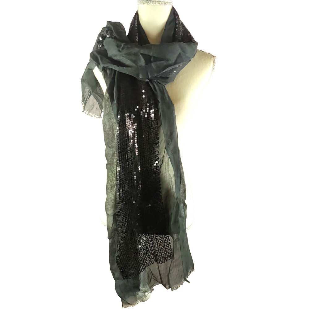 Scarf Rectangle 35" X 21" Black Sequins Sheer Fringe